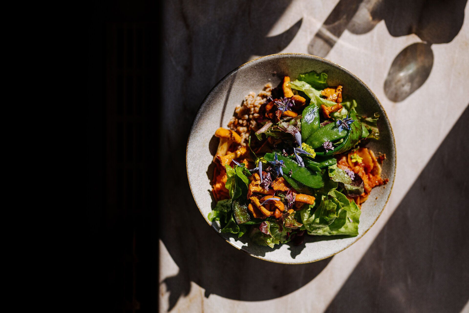 Ein farbenfrohes Gericht aus frischen, knackigen Salaten und aromatischen Kräutern lädt zum Genießen ein. Die harmonische Komposition aus regionalen Zutaten spiegelt die kulinarische Vielfalt der Umgebung wider und verspricht ein unvergessliches Geschmackserlebnis.