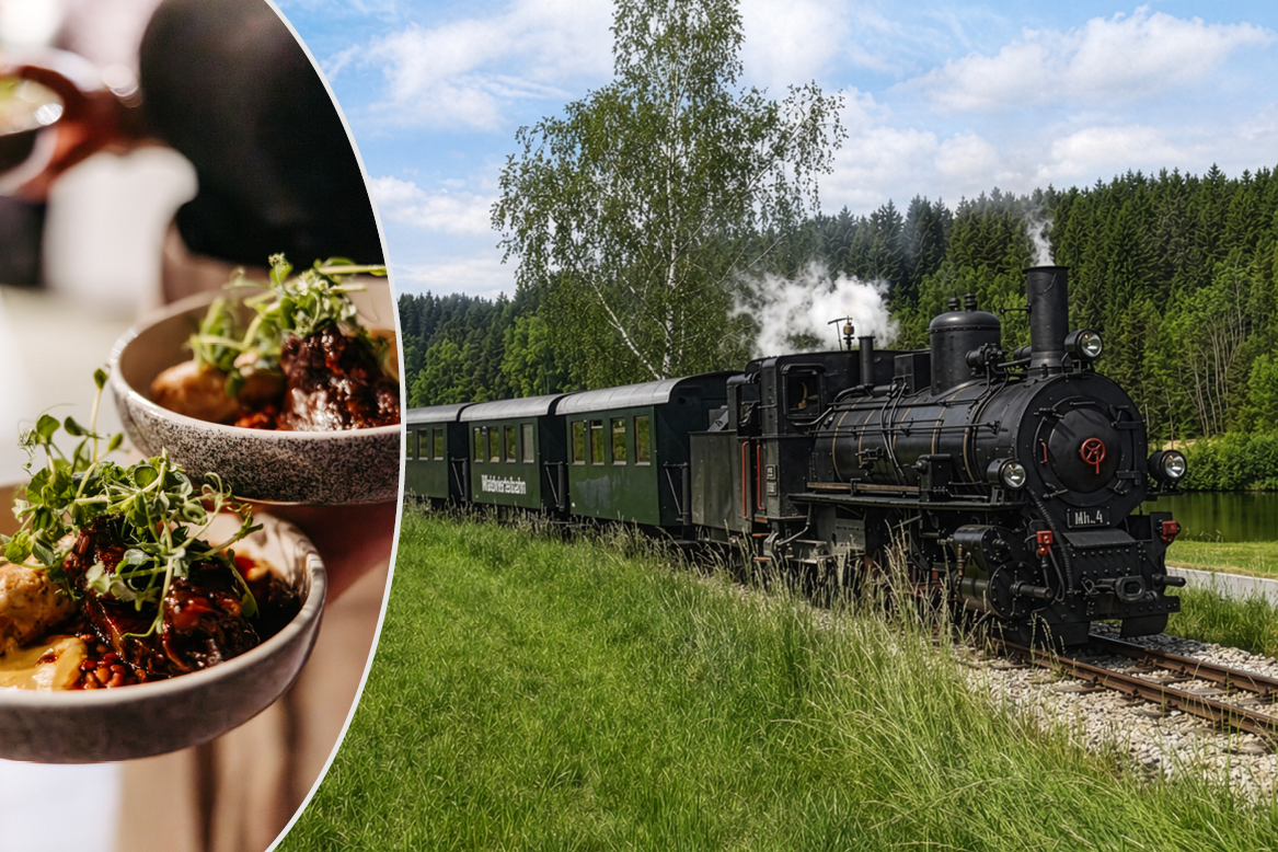 Eine Dampflokomotive fährt durch eine grüne Landschaft, daneben ein Bild von zwei Schalen mit Gourmet-Essen.