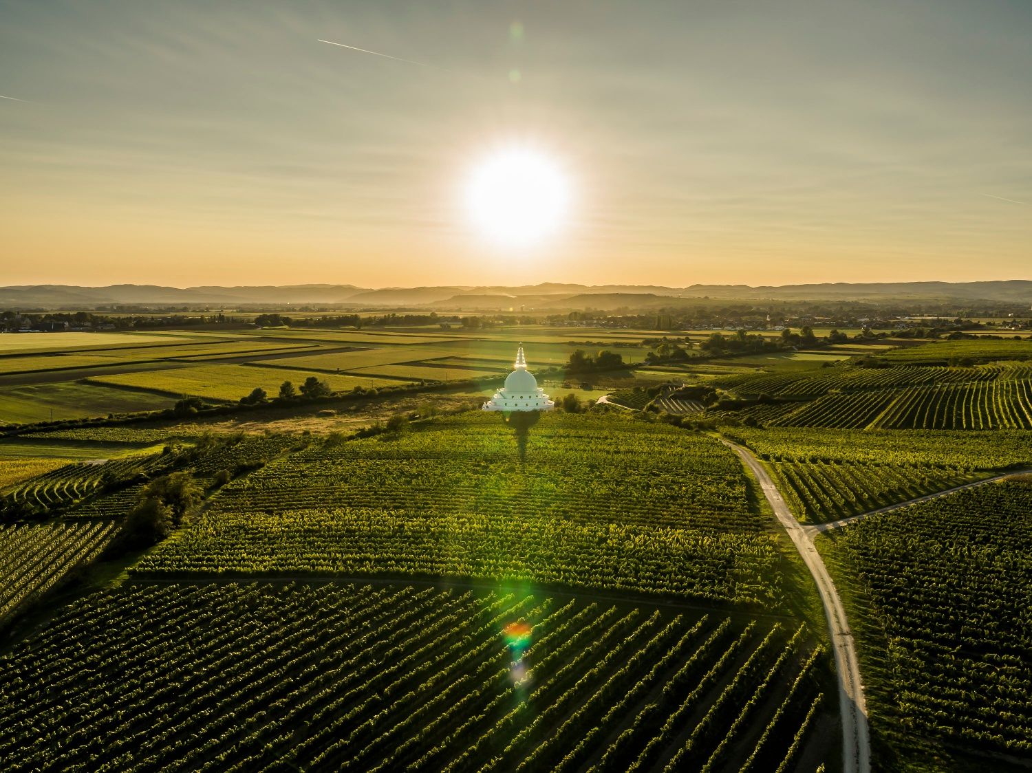 Sonnenuntergang über Weinbergen in Feuersbrunn-Ritzenthal mit der Stupa