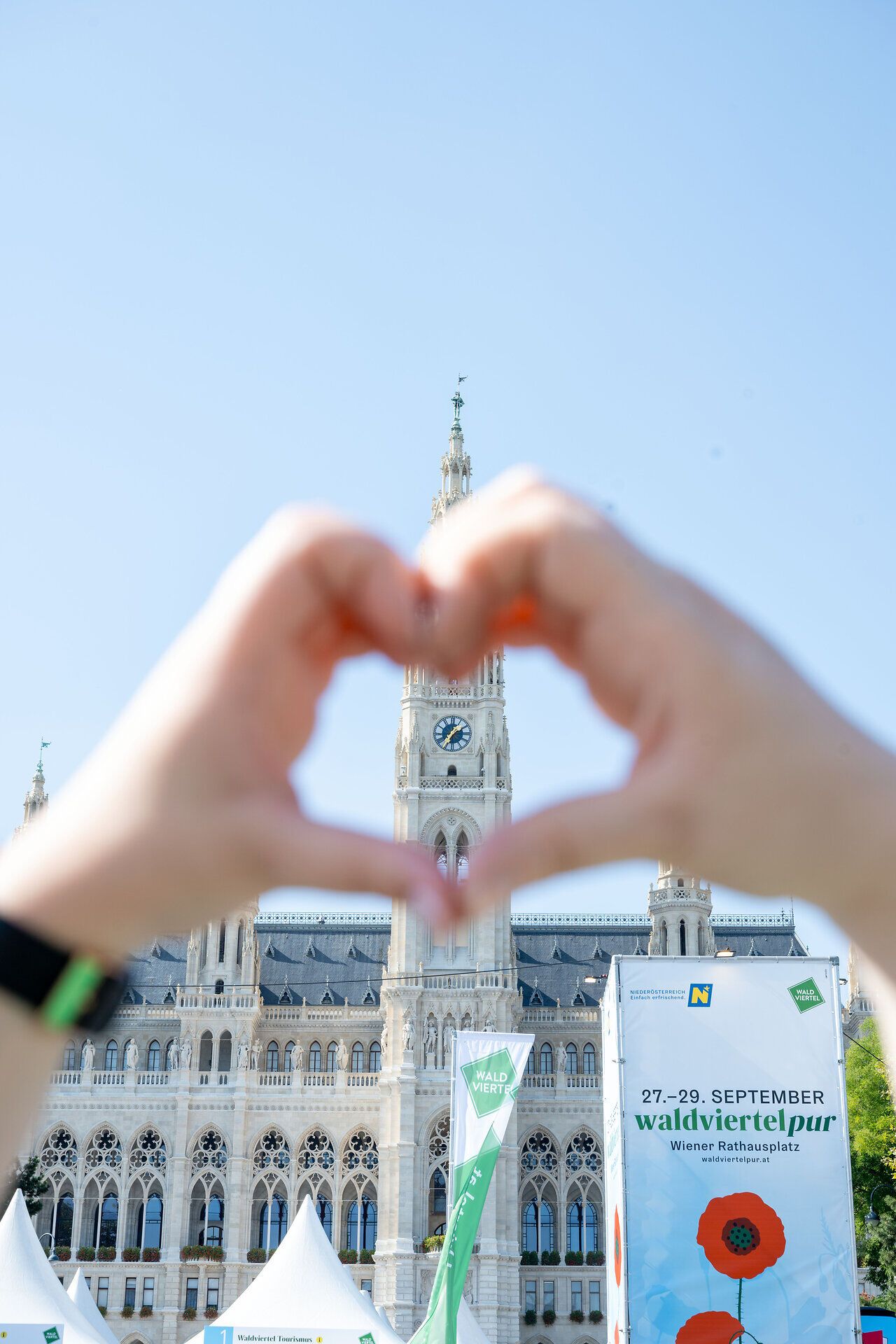 Zwei Hände formen ein Herzsymbol, in der Mitte scheint das Wiener Rathaus während waldviertelpur durch