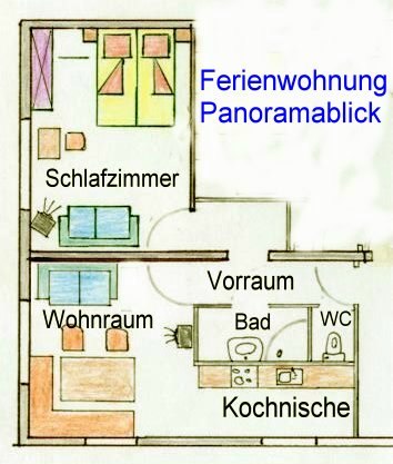 Grundriss einer Ferienwohnung mit Schlafzimmer, Wohnraum, Vorraum, Bad, WC und Kochnische.