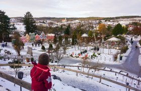 Winter landscape in the Kittenberg Adventure Gardens with snow-covered paths and colorful houses in the background.