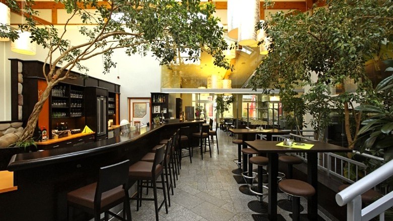 Innenansicht eines Cafés mit Bar, hohen Tischen und Stühlen, umgeben von Pflanzen.