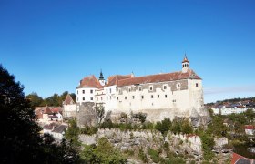 Burg Raabs auf einem Felsen &uuml;ber der Stadt, umgeben von B&auml;umen und blauem Himmel.