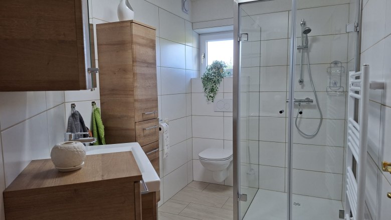 Modernes Badezimmer mit Dusche, WC und Holzschr&auml;nken.
