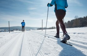 Zwei Personen beim Langlaufen auf einer verschneiten Strecke im Waldviertel.