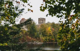 Blick auf die Ruine Lichtenfels am Stausee Ottenstein, umgeben von herbstlichen Bäumen.