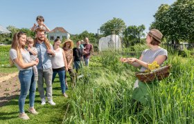 Eine Gruppe von Menschen steht in einem Garten, während eine Frau mit einem Korb Pflanzen zeigt.