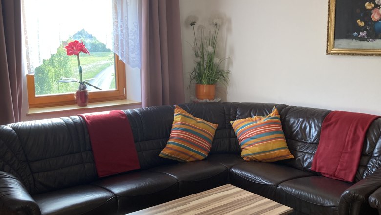 Wohnzimmer mit braunem Ledersofa, Holztisch, bunten Kissen und Fenster mit Vorhängen.