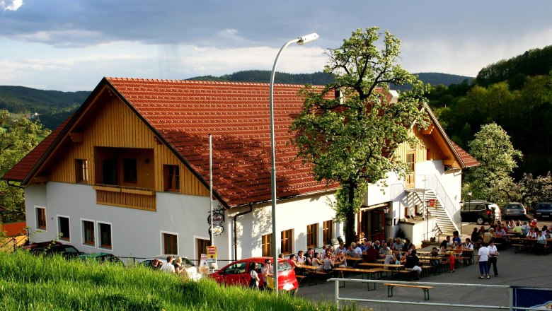 Ein großes Gebäude mit rotem Dach, umgeben von Bäumen und Menschen, die an Tischen im Freien sitzen. Der Himmel ist bewölkt.
