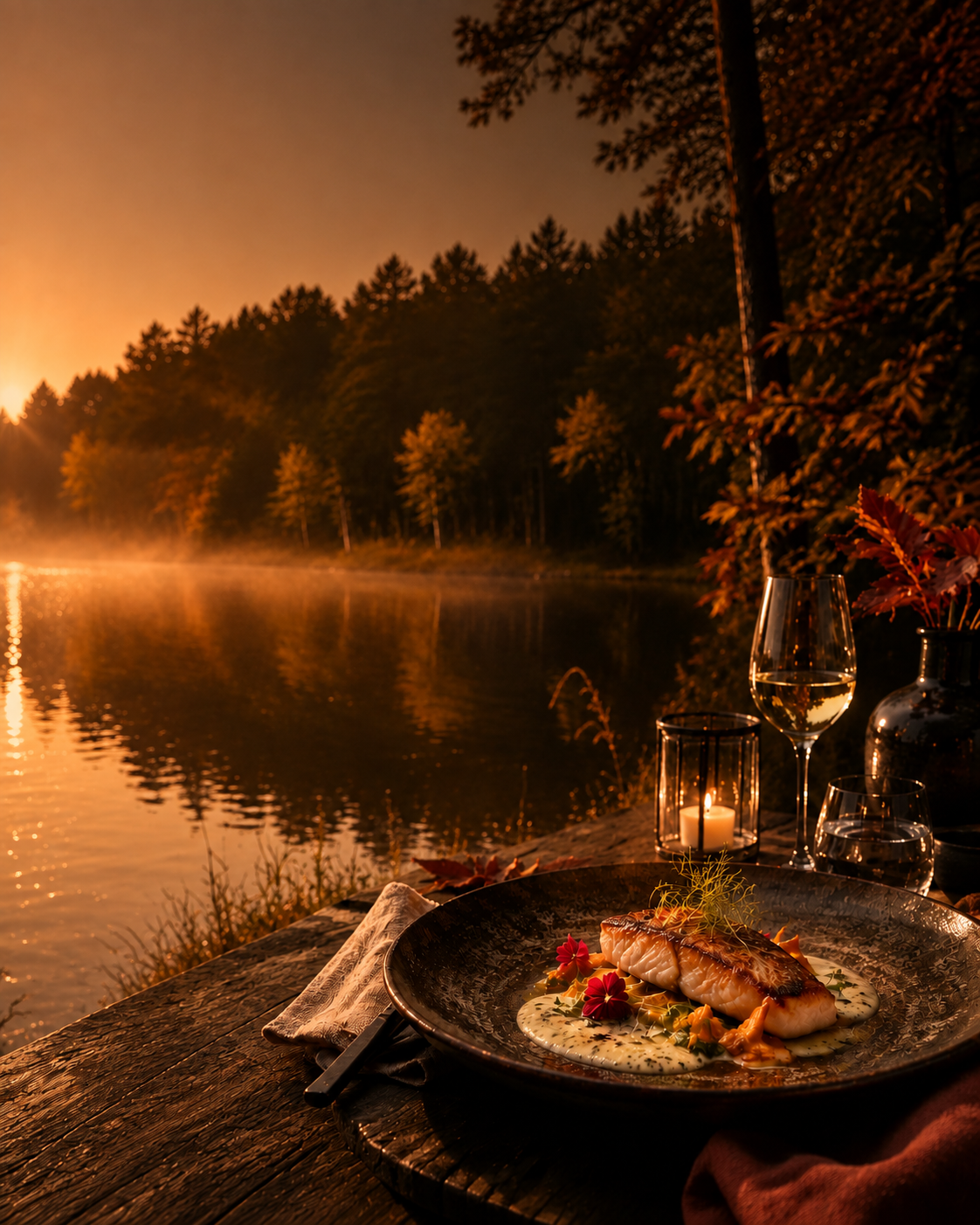 Gourmetwochenende am See bei Sonnenuntergang mit angerichtetem Fischgericht, Weinglas und Kerzenlicht vor Waldkulisse.