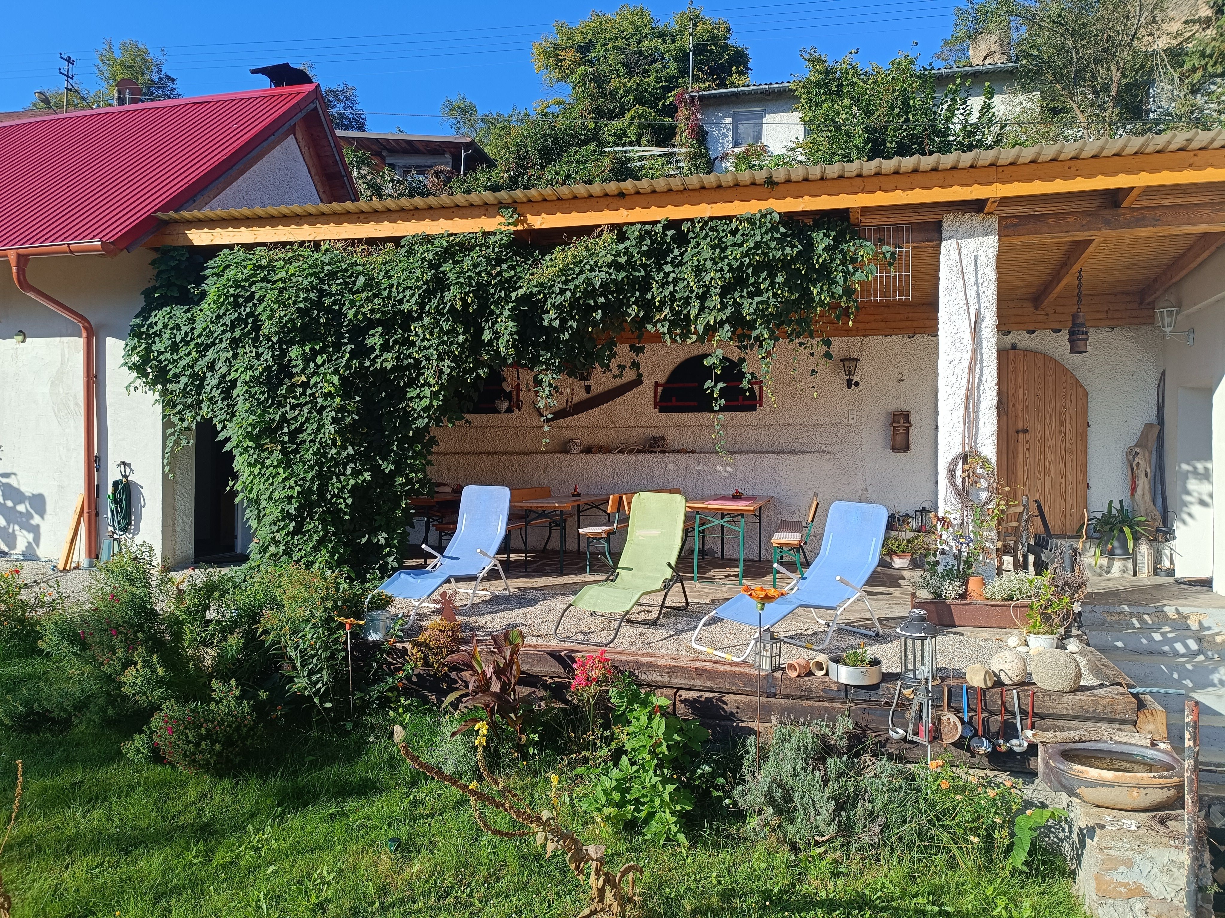 Gartenbereich mit Liegestühlen und überdachter Terrasse, umgeben von Pflanzen und Kletterpflanzen.