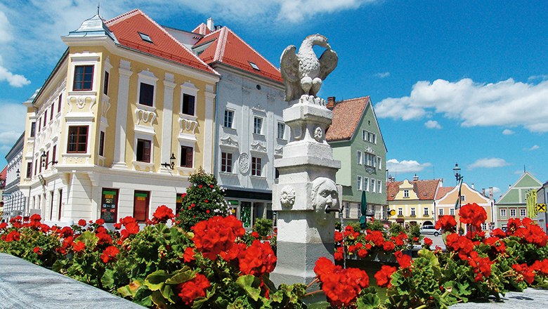 Historic buildings and flowers in Eggenburg, Austria.