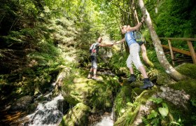 Zwei Wanderer helfen sich beim Überqueren eines Baches in einem grünen Wald.