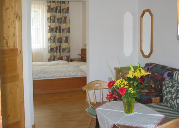 Wohnzimmer mit Tisch, Blumenstrauß und Blick ins Schlafzimmer.