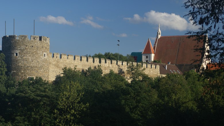 Stadtmauer mit Kanzlerturm und Pfarrkirche im Hintergrund, umgeben von Bäumen.