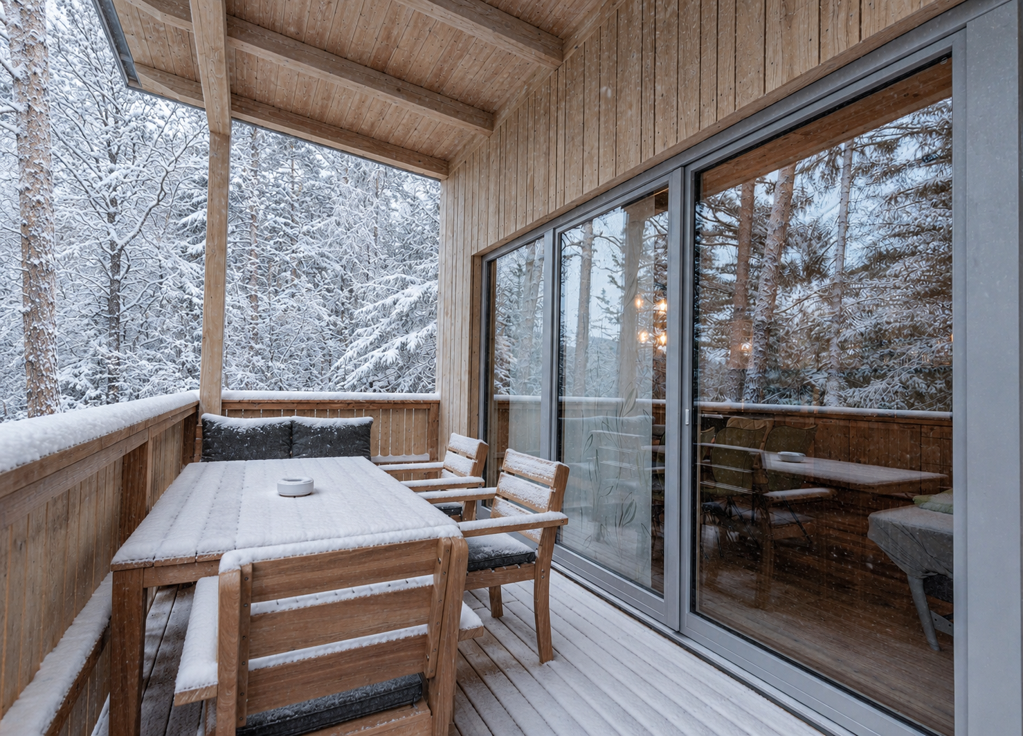 Seehaus_Terasse_Winter_cGUTOTT: Verschneite Holzterrasse eines Seehauses mit Tisch, Stühlen und Blick auf winterlichen Wald.