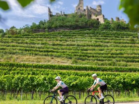 Ein P&auml;rchen f&auml;hrt mit ihren Rennr&auml;dern auf einer Stra&szlig;e unterhalb der Ruine Senftenberg.