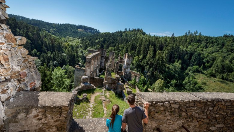 Zwei Personen betrachten die Ruine Kollmitz von einer Mauer aus, umgeben von einem dichten Wald und blauem Himmel.
