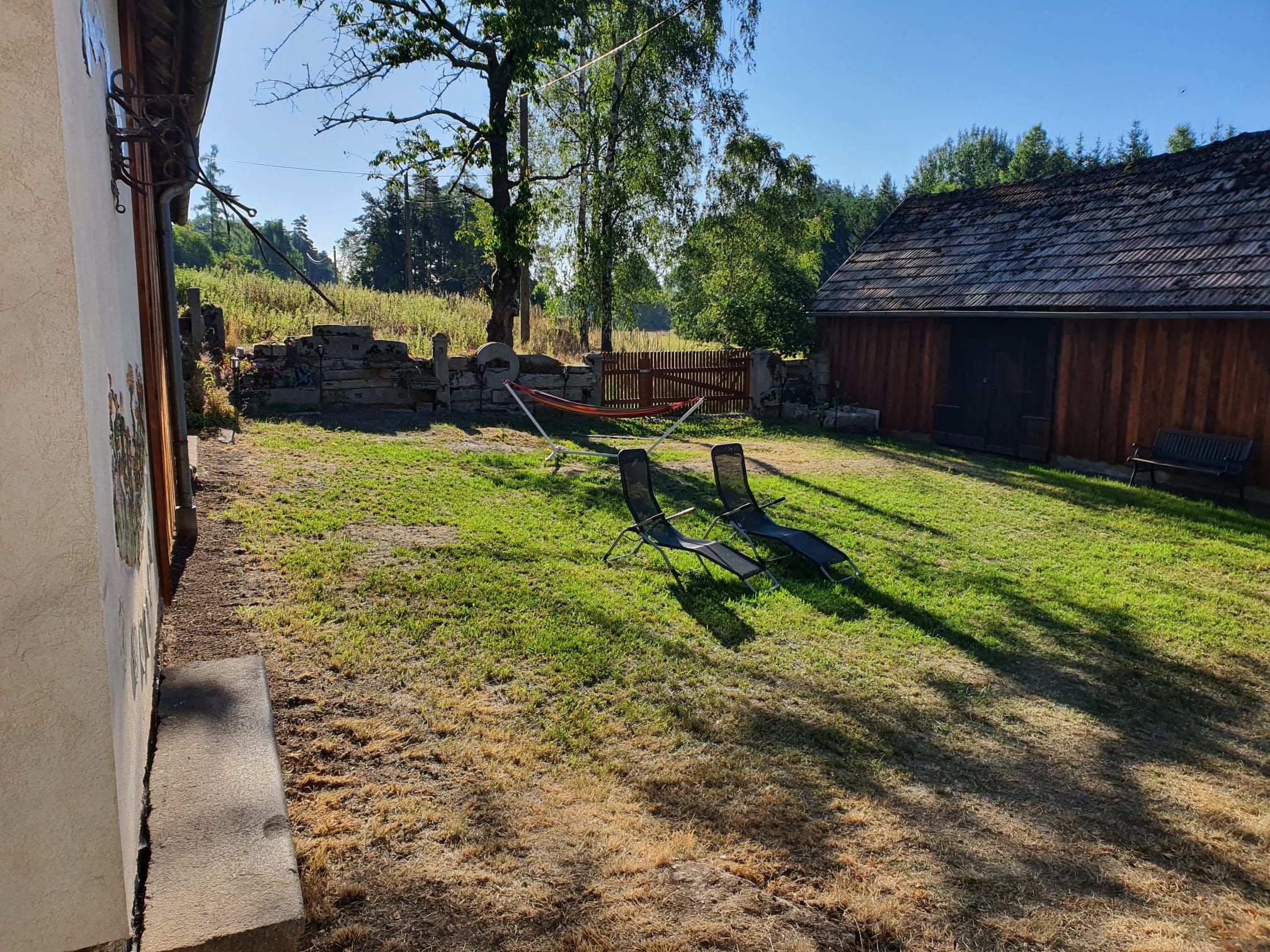 Ein Garten mit zwei Liegestühlen und einer Hängematte auf einer Wiese, umgeben von Bäumen und einem Holzschuppen.