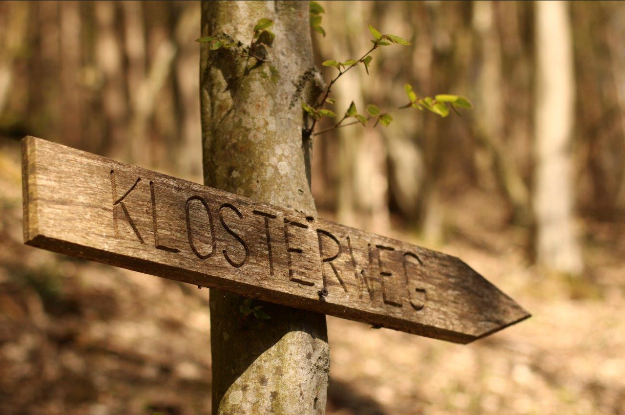 Ein Holzwegweiser mit der Aufschrift 'Klosterweg' an einem Baum im Wald.