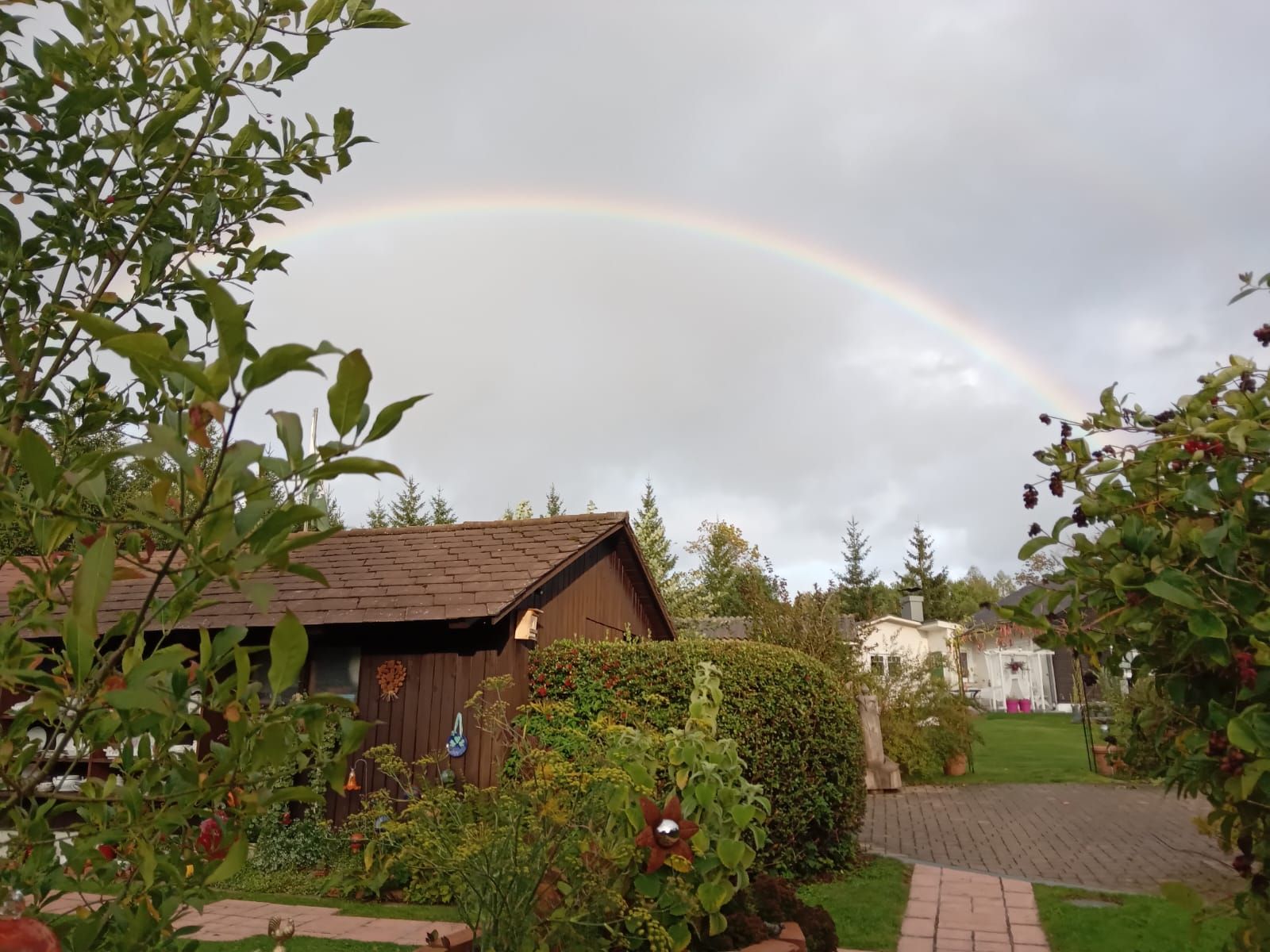 Ein Regenbogen spannt sich über einem Garten mit einem Holzhäuschen und Pflanzen.