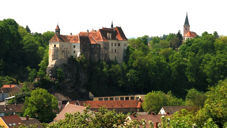 Burg Raabs auf einem Hügel mit umliegenden Bäumen und Häusern.