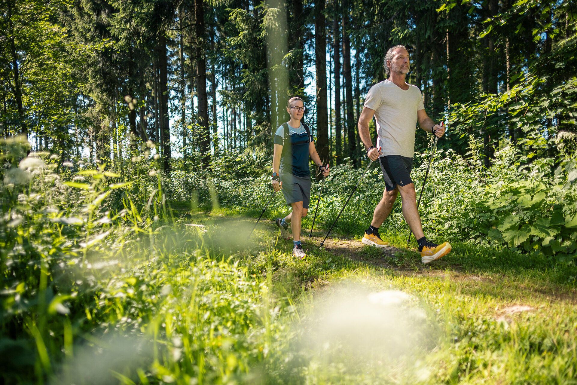 Zwei Personen wandern mit Stöcken durch den Wald beim Lebens.Resort Ottenschlag im Waldviertel.