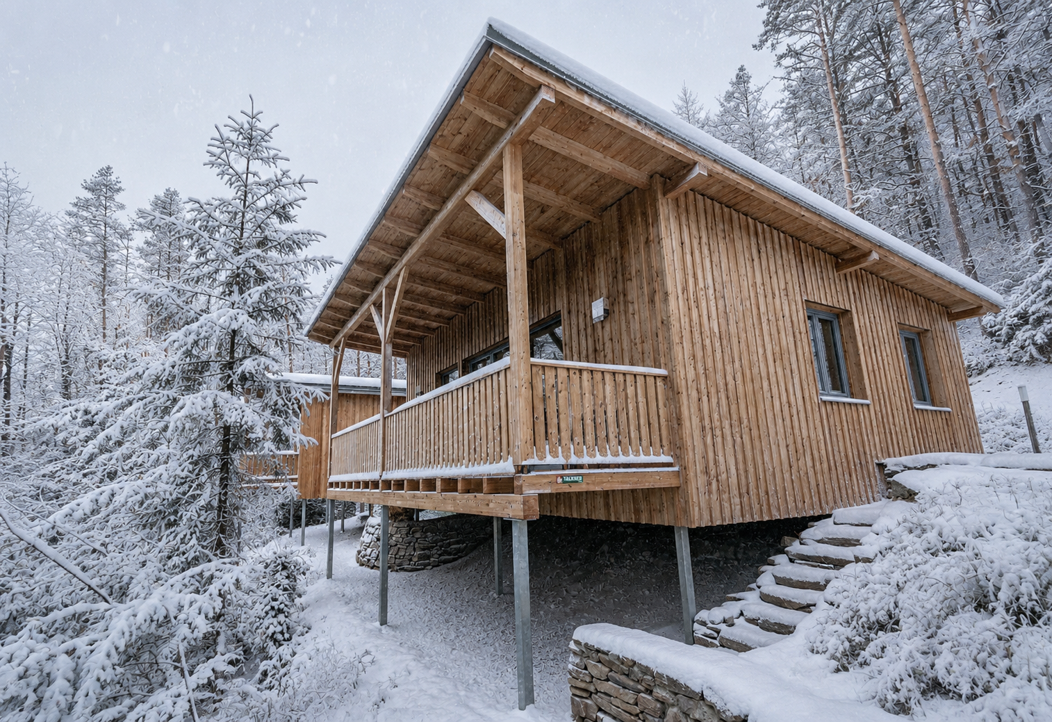 Winterliches Holz-Seehaus auf Stelzen im verschneiten Wald mit Terrasse und Treppe.