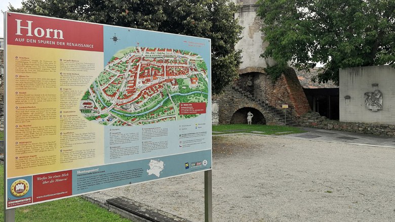 Stadtplan von Horn vor historischer Stadtmauer.