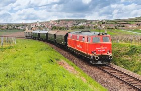 Ein roter Zug namens Reblaus Express fährt durch eine grüne Landschaft mit Weinbergen und einem Dorf im Hintergrund.