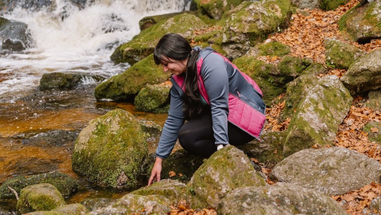 Eine Frau kniet an einem Bach in einem Wald mit moosbedeckten Steinen.