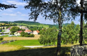 Blick auf eine ländliche Gemeinde mit Kirche und Häusern, umgeben von Feldern und Bäumen.