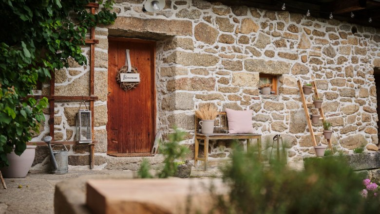Rustikale Steinwand mit Holztür, dekoriert mit Pflanzen und einer Bank.