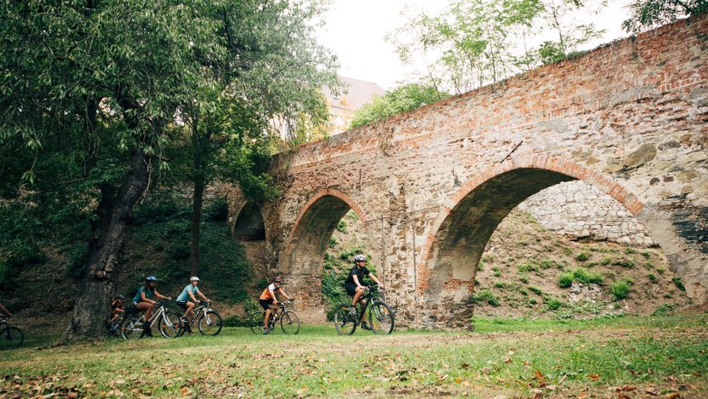 Gruppe von Radfahrern unter einer alten Backsteinbrücke im Grünen.