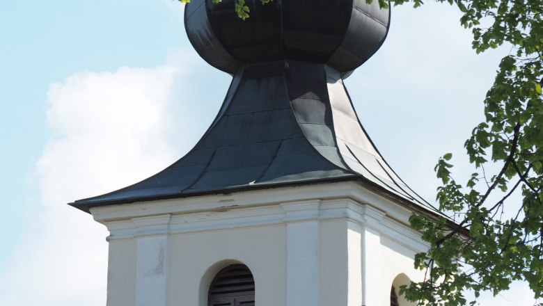 Kirchturm mit Zwiebelhaube und grünen Blättern im Vordergrund.