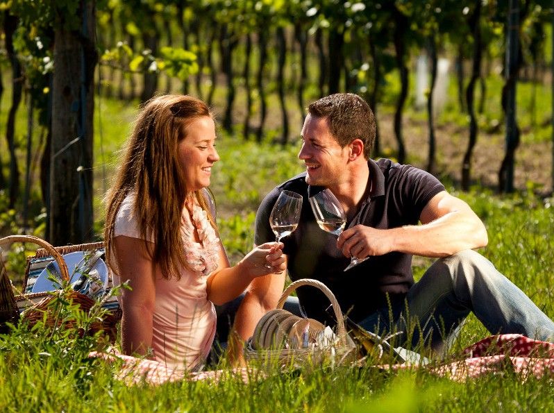 Ein Paar sitzt auf einer Picknickdecke im Weingarten und stößt mit Weingläsern an.