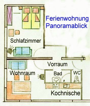Grundriss einer Ferienwohnung mit Schlafzimmer, Wohnraum, Vorraum, Bad, WC und Kochnische.
