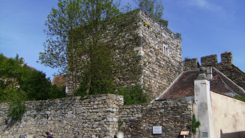 Historische Steinmauer und Turm in Drosendorf-Zissersdorf, umgeben von B&auml;umen und blauem Himmel.