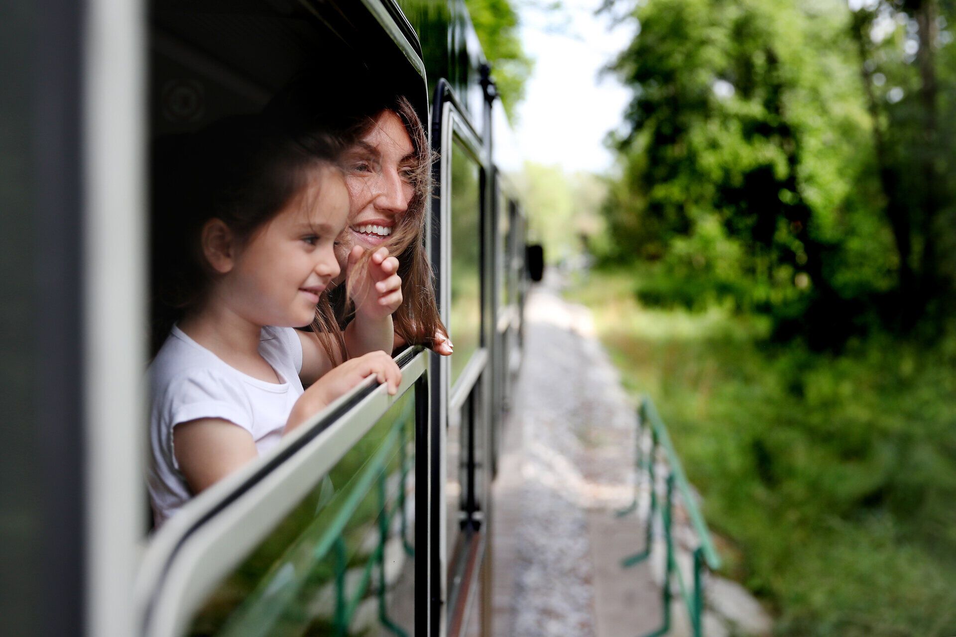 Eine fröhliche Familie genießt die frische Luft und die malerische Landschaft, während sie aus dem Zugfenster schauen. Die sanften Hügel und üppigen Wälder des Waldviertels laden zu einem unvergesslichen Ausflug ein.