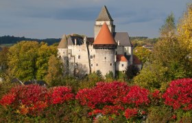 Burg Heidenreichstein im Herbst mit buntem Laub im Vordergrund.