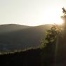 Sonnenuntergang im Yspertal mit Hügeln und Bäumen im Vordergrund.