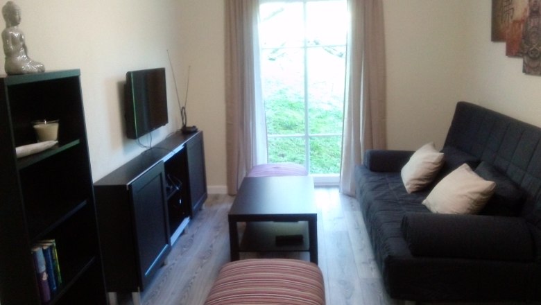 Modernes Wohnzimmer mit Sofa, Couchtisch, Fernseher und Bücherregal.
