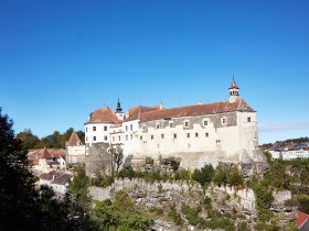 Die majest&auml;tische Burg thront stolz auf einem Felsen und bietet einen atemberaubenden Blick auf die umliegende Landschaft. Umgeben von &uuml;ppigem Gr&uuml;n und blauen Himmel, l&auml;dt dieser historische Ort dazu ein, in die faszinierende Geschichte einzutauchen und die Sch&ouml;nheit der Natur zu genie&szlig;en.