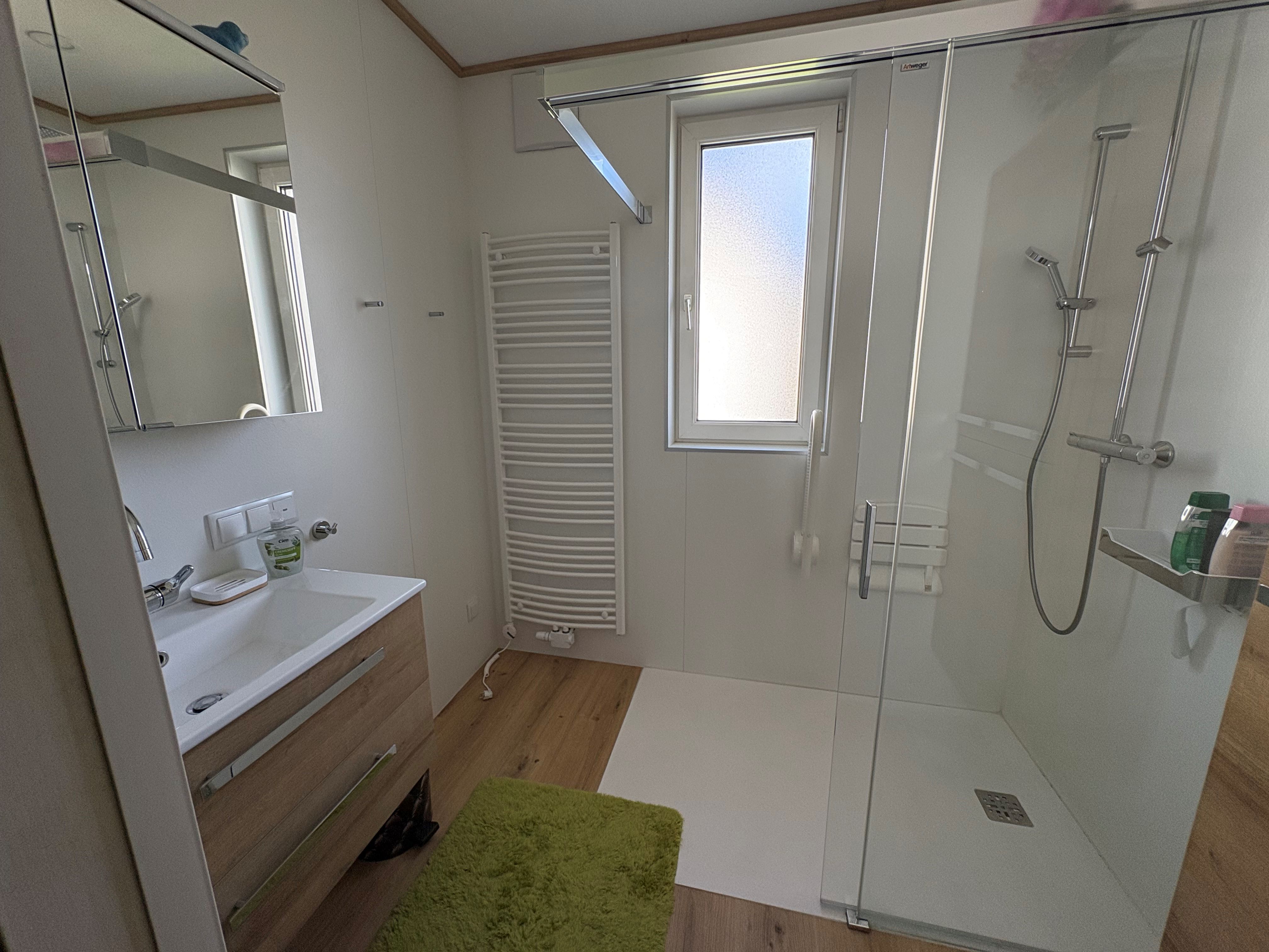 Modernes Badezimmer mit Dusche, Waschbecken und Handtuchheizkörper.