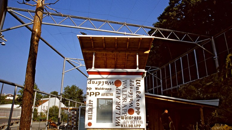 Ein Gehege mit einem Waldrapp-Vogel auf einem Dach und einem Mann, der den Boden wässert.