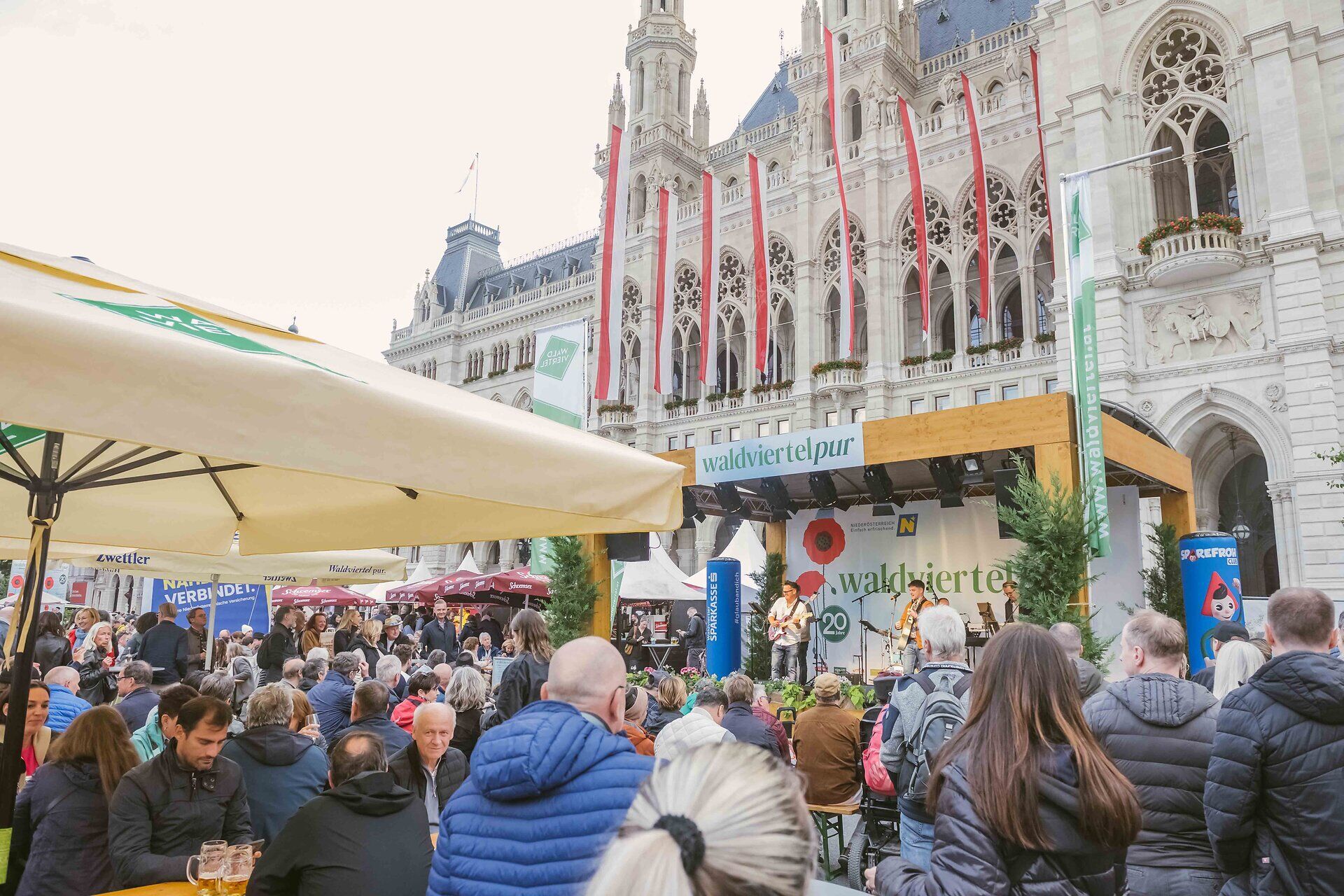 Musikalische Darbietung auf der Dorfbühne bei waldviertelpur mit Hintergrund Wiener Rathaus
