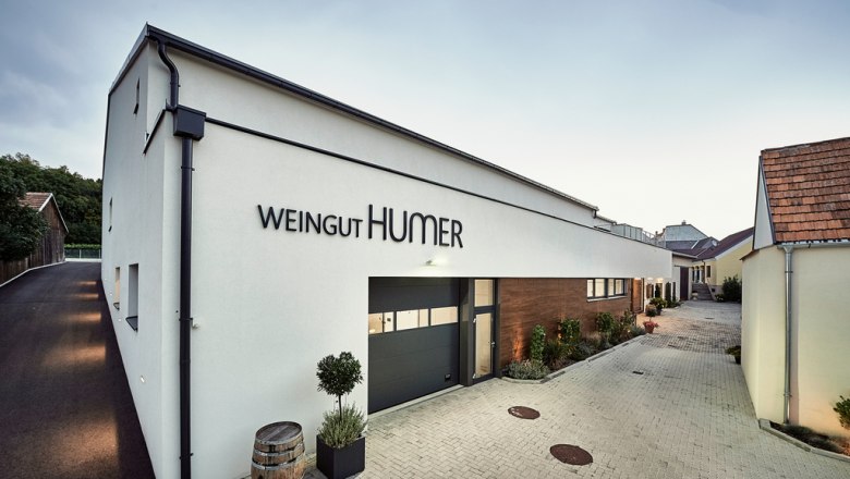 Modernes Geb&auml;ude des Weinguts Humer mit gepflastertem Hof und Pflanzen.