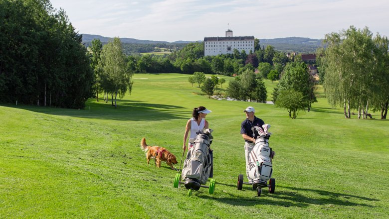 Zwei Golfer mit Hund auf grünem Golfplatz, Schloss im Hintergrund.