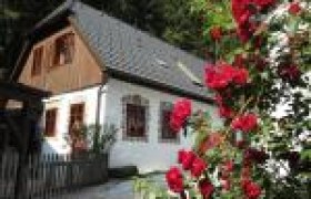 Ein weißes Haus mit braunem Dach und roten Rosen im Vordergrund.